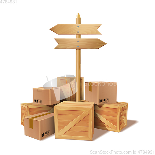 Image of Pile of stacked goods cardboard and wooden boxes.
