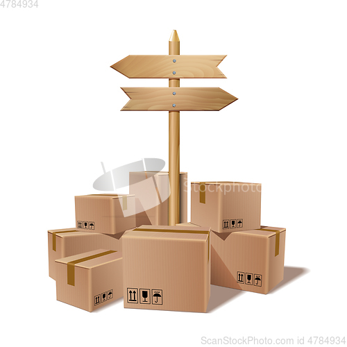 Image of Pile of stacked sealed goods cardboard boxes.