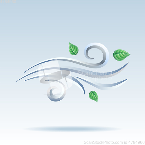 Image of Blowing wind with flying leaves icon. Vector