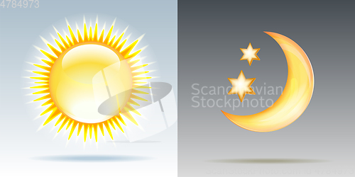 Image of Day and night illustrations with sun and moon.