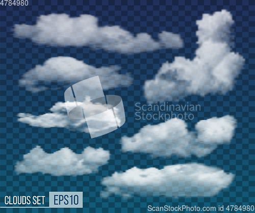 Image of Set of realistic transparent night clouds. Vector