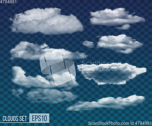 Image of Set of realistic transparent night clouds. Vector