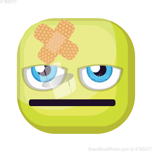 Image of Bored green square emoji face with bandaid vector illustration o