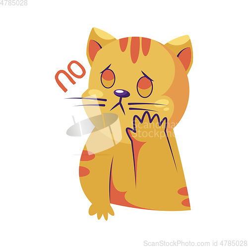 Image of Sad yellow cat saying No vector  sticker illustration on a white