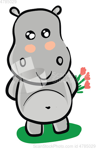 Image of Smiling grey hippo with pink flowers vector illustration on whit