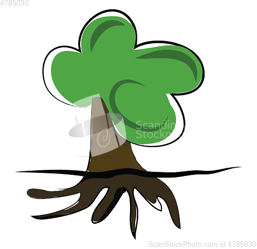 Image of Clipart of a big tree with green leaves and anchored roots vecto