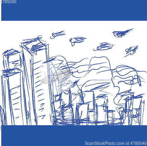 Image of A blue pen drawing of a cityscape looks beautiful vector or colo