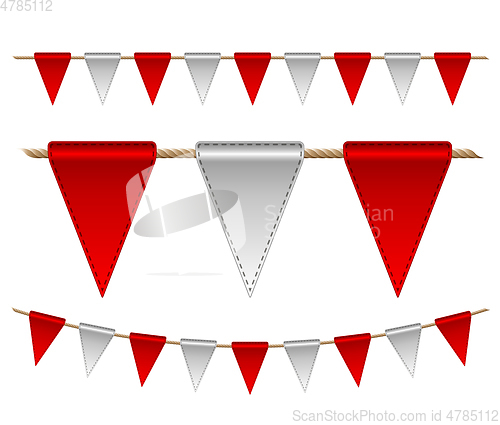 Image of Festive red and white flags on white background