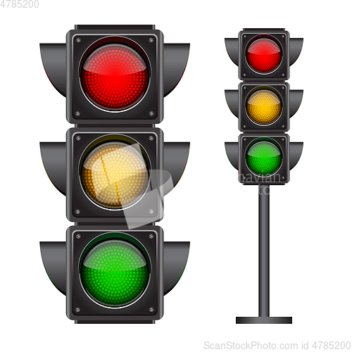 Image of Traffic lights with all three colors on.