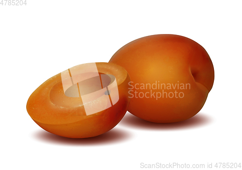 Image of Ripe sliced apricot on a white background.