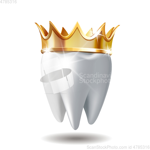 Image of Realistic white Tooth in golden crown isolated on white