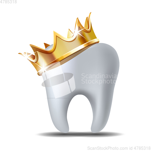 Image of Realistic white Tooth in golden crown isolated on white