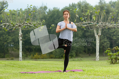 Image of Young beautiful woman doing yoga exercise in green park. Healthy lifestyle and fitness concept.