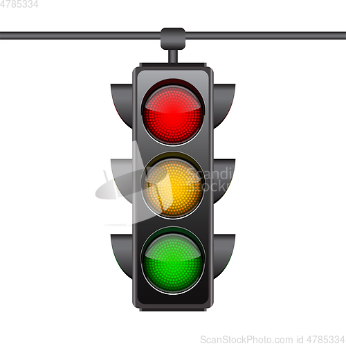 Image of Hanging traffic lights with all three colors on.