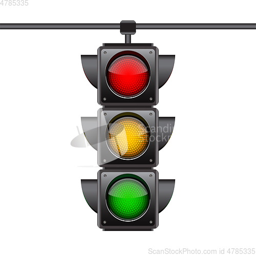 Image of Hanging traffic lights with all three colors on.