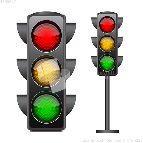 Image of Traffic lights with all three colors on.