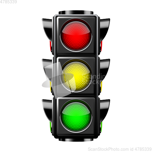 Image of Traffic lights with all three colors on.