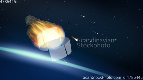 Image of glowing asteroid in deep space