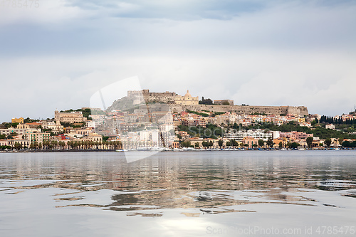 Image of view to Milazzo Sicily Italy with castle from sea