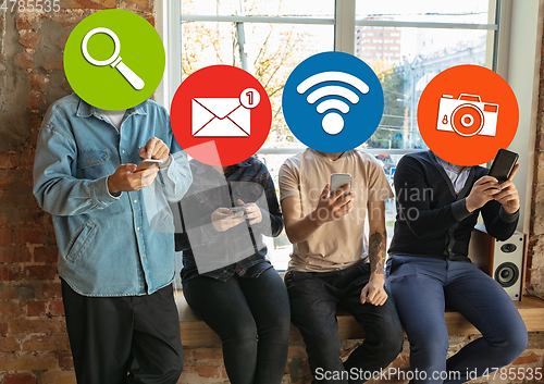 Image of Creative millenial people connecting and sharing social media. Modern UI icons as heads