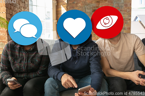 Image of Creative millenial people connecting and sharing social media. Modern UI icons as heads