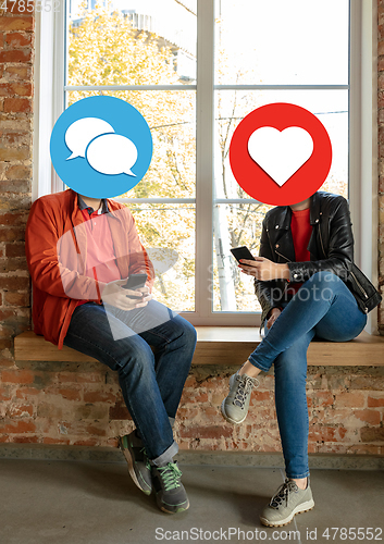 Image of Creative millenial people connecting and sharing social media. Modern UI icons as heads