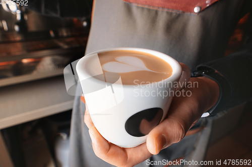 Image of Stylish black espresso making machine, shooted in cafe. Close-up shot of barista hands