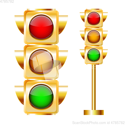 Image of Golden Traffic lights with all three colors on