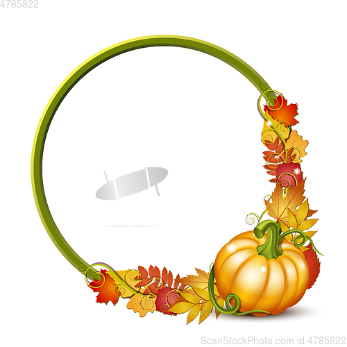 Image of round frame with orange pumpkins and autumnal maple leaves