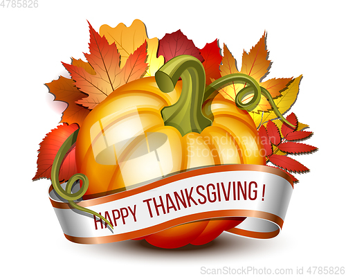 Image of Thanksgiving banner, ribbon with Happy Thanksgiving lettering and orange pumpkins