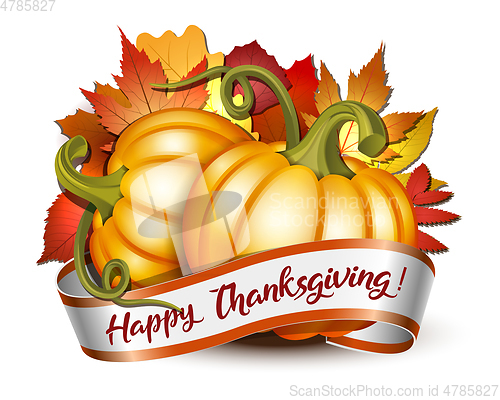 Image of Thanksgiving banner, ribbon with Happy Thanksgiving lettering and orange pumpkins