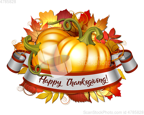 Image of Thanksgiving banner, ribbon with Happy Thanksgiving lettering and orange pumpkins