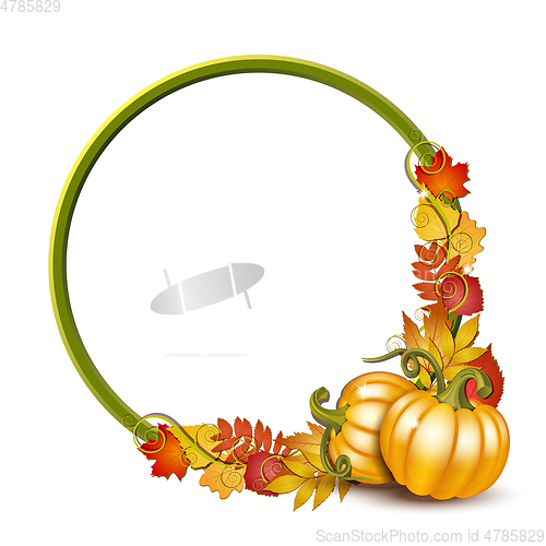 Image of round frame with orange pumpkins and autumnal maple leaves