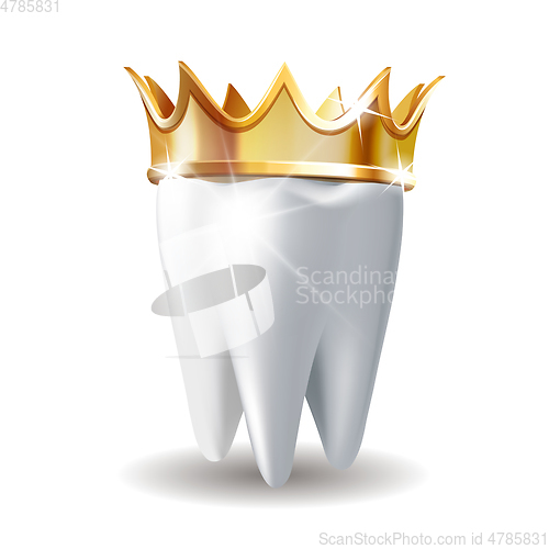 Image of Realistic white Tooth in golden crown isolated on white