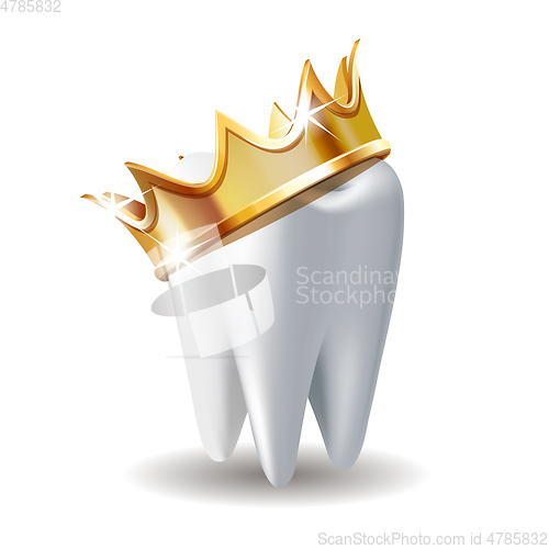 Image of Realistic white Tooth in golden crown isolated on white