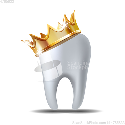 Image of Realistic white Tooth in golden crown isolated on white