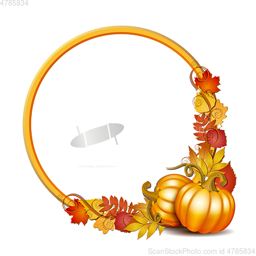 Image of round frame with orange pumpkins and autumnal maple leaves