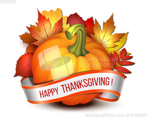 Image of Thanksgiving banner, ribbon with Happy Thanksgiving lettering and orange pumpkins