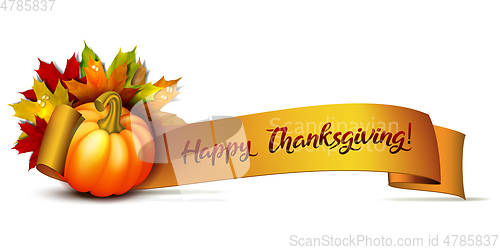 Image of Thanksgiving banner, ribbon with Happy Thanksgiving lettering and orange pumpkins