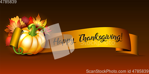 Image of Thanksgiving banner, ribbon with Happy Thanksgiving lettering and orange pumpkins