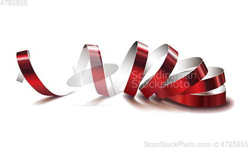 Image of Festive red ribbon on white background. Realistic vector streamers.