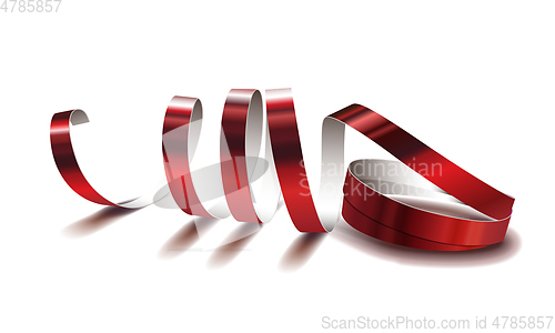 Image of Festive red ribbon on white background. Realistic vector streamers.