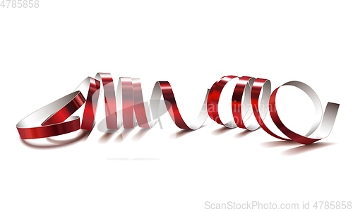 Image of Festive red ribbon on white background. Realistic vector streamers.