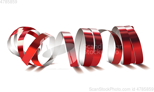 Image of Festive red ribbon on white background. Realistic vector streamers.