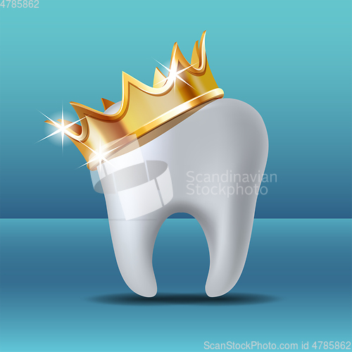 Image of Realistic white Tooth in golden crown. Tooth care dental medical stomatology vector icon.