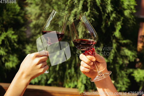 Image of People clinking glasses with wine on the summer terrace of cafe or restaurant. Close up shot, lifestyle.