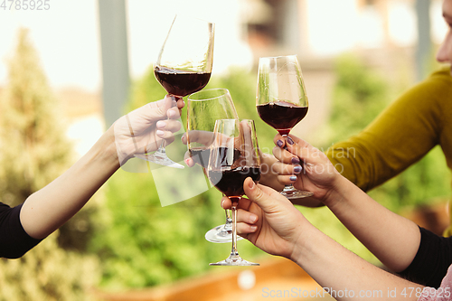 Image of People clinking glasses with wine on the summer terrace of cafe or restaurant. Close up shot, lifestyle.