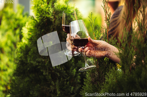 Image of People clinking glasses with wine on the summer terrace of cafe or restaurant. Close up shot, lifestyle.