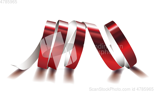 Image of Festive red ribbon on white background. Realistic vector streamers.