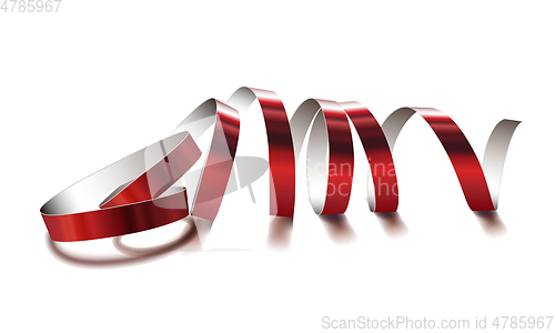 Image of Festive red ribbon on white background. Realistic vector streamers.